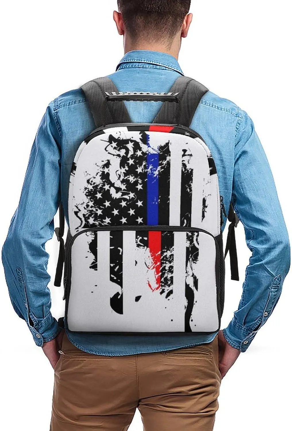 Supdreamc Men Women Polyester Red Blue Line American Flag Black White Daypack Big Capacity Shoulder Bag With Smooth Zippers for Hiking Work Walking Cycling