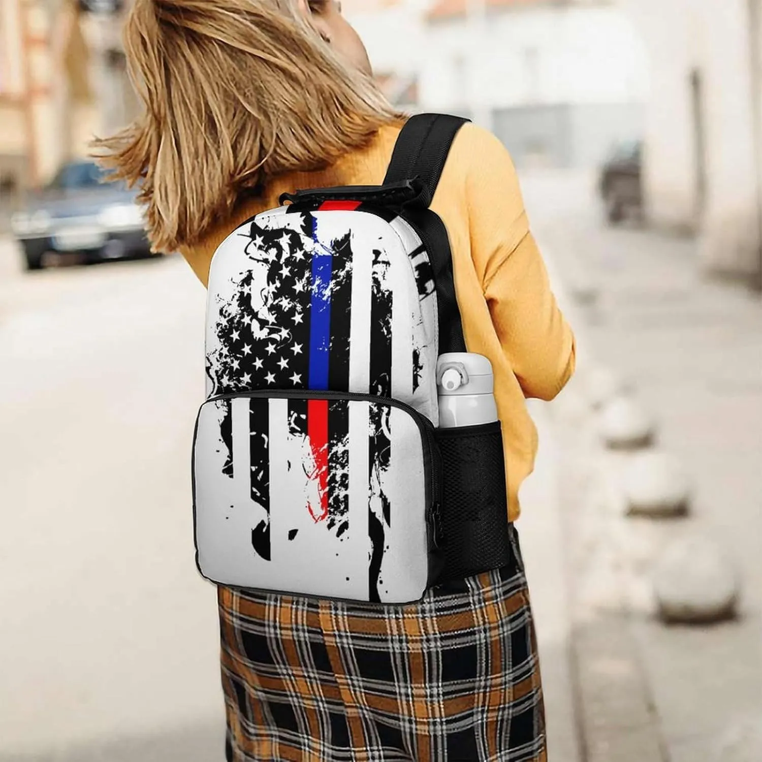 Supdreamc Men Women Polyester Red Blue Line American Flag Black White Daypack Big Capacity Shoulder Bag With Smooth Zippers for Hiking Work Walking Cycling