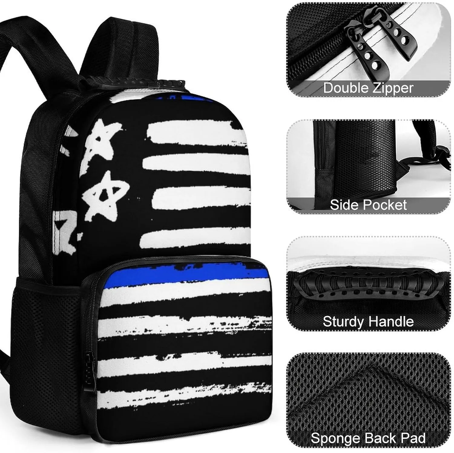 Supdreamc Polyester Daypack for Hiking Work Running - Big Capacity Anti-Theft Multipurpose Shoulder Bag, American Blue Line Flag Pattern Travel and Sport Backpack Rucksack