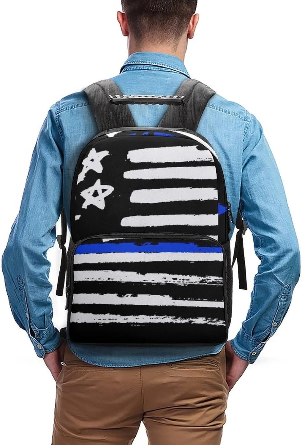 Supdreamc Polyester Daypack for Hiking Work Running - Big Capacity Anti-Theft Multipurpose Shoulder Bag, American Blue Line Flag Pattern Travel and Sport Backpack Rucksack