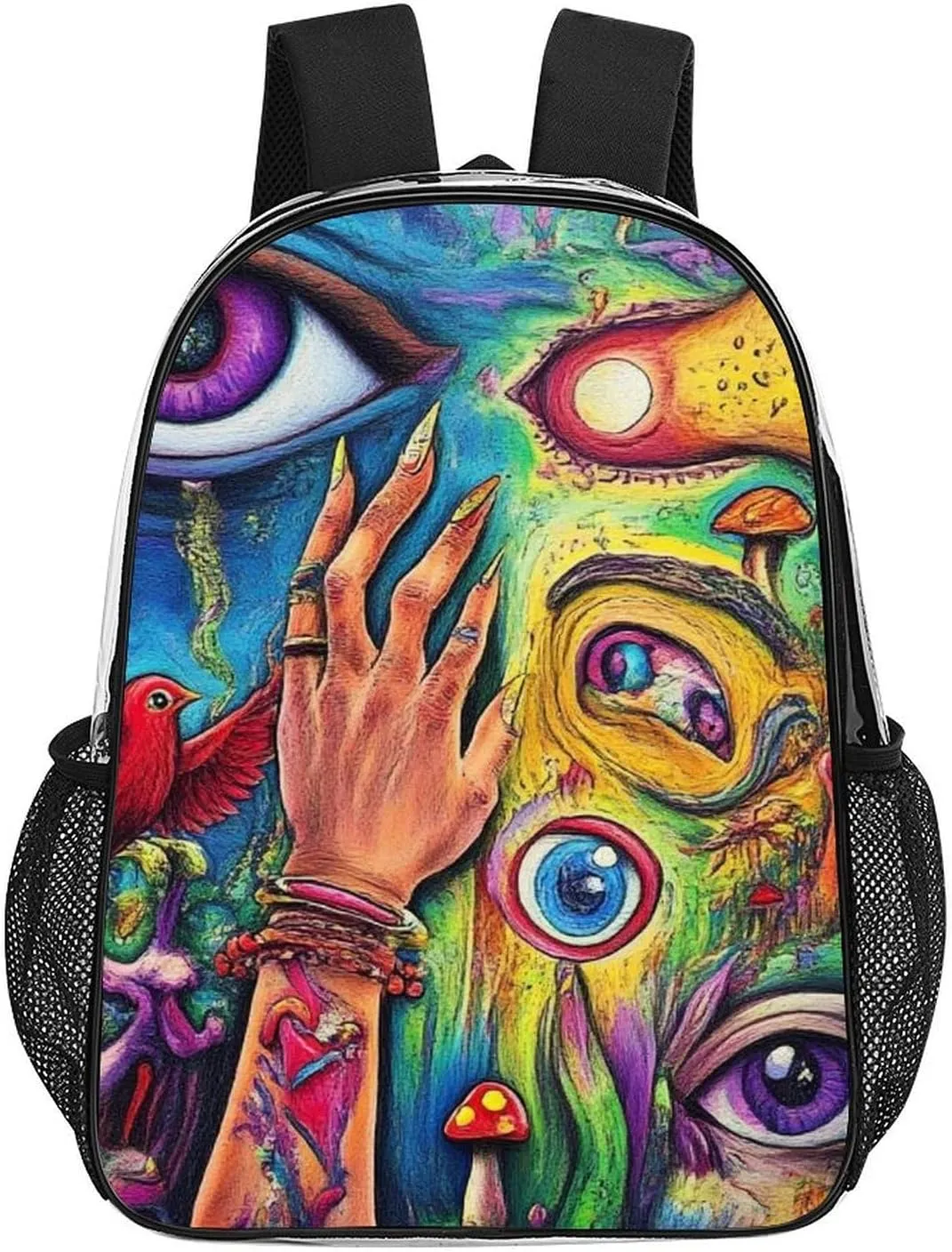 Supdreamc Transparent Daypack for Camping Travel Walking Cycling - Big Capacity Anti-Theft Multipurpose Bookbag, Colorful Trippy Acid Eyes Art Camping Outdoor Backpack