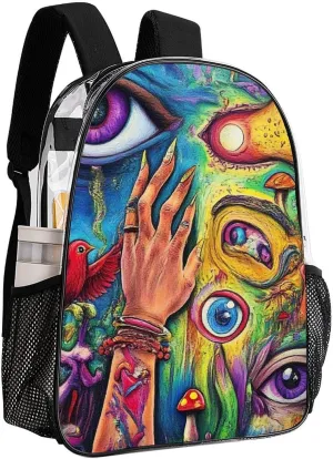 Supdreamc Transparent Daypack for Camping Travel Walking Cycling - Big Capacity Anti-Theft Multipurpose Bookbag, Colorful Trippy Acid Eyes Art Camping Outdoor Backpack
