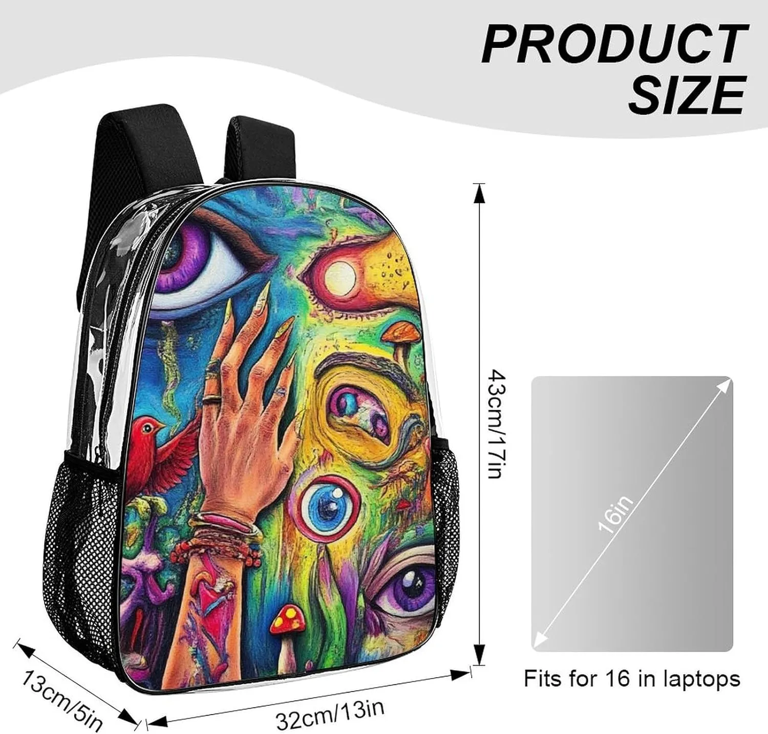 Supdreamc Transparent Daypack for Camping Travel Walking Cycling - Big Capacity Anti-Theft Multipurpose Bookbag, Colorful Trippy Acid Eyes Art Camping Outdoor Backpack