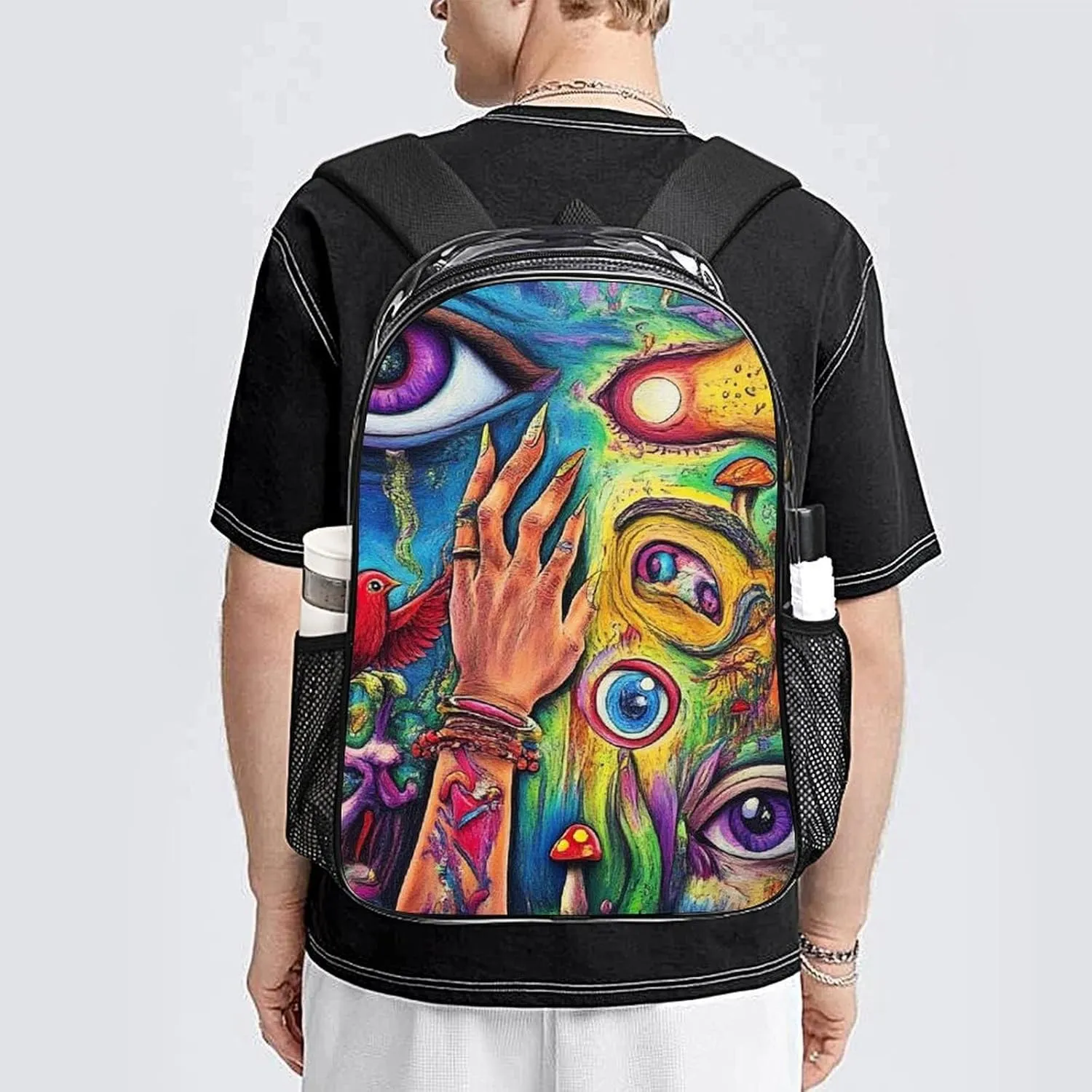 Supdreamc Transparent Daypack for Camping Travel Walking Cycling - Big Capacity Anti-Theft Multipurpose Bookbag, Colorful Trippy Acid Eyes Art Camping Outdoor Backpack