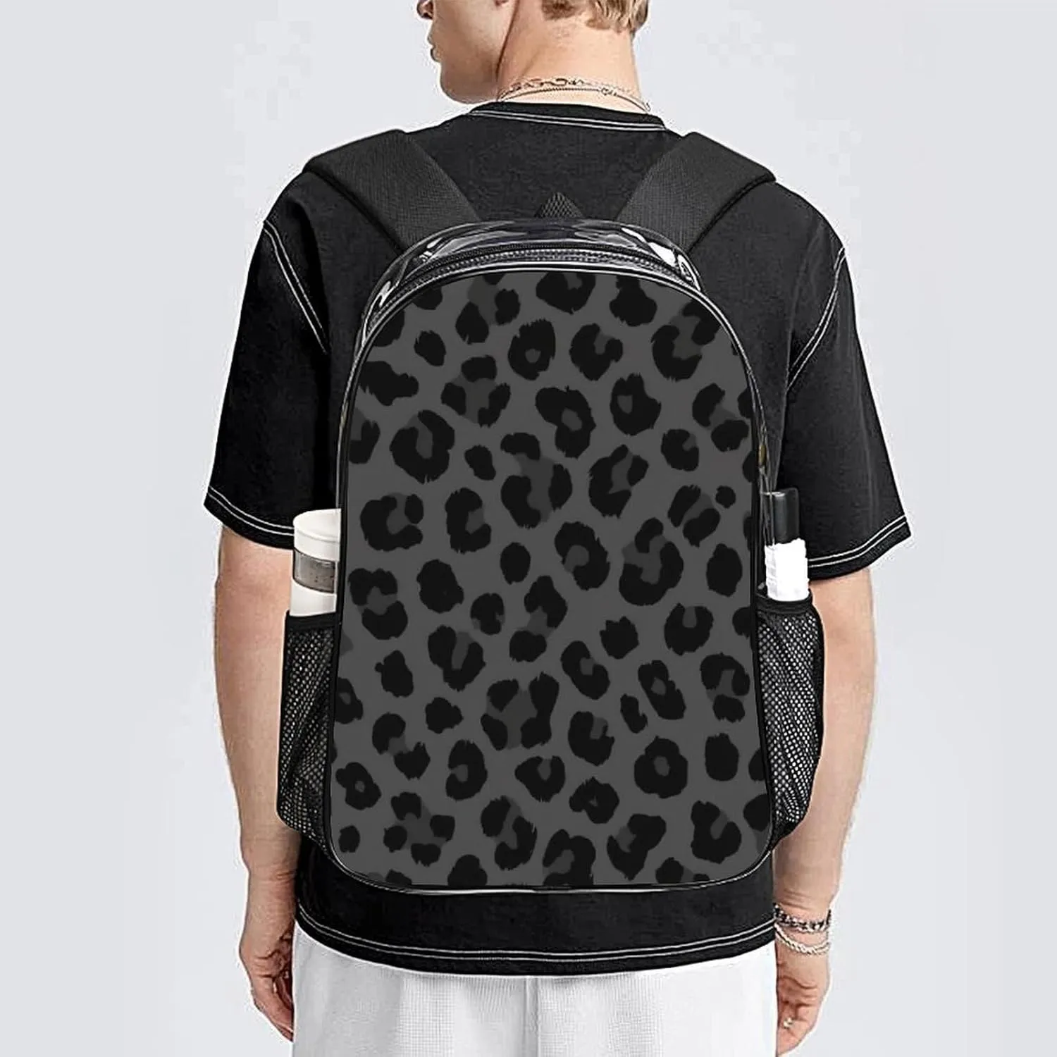 Supdreamc Transparent Daypack for Hiking Work Running - Big Capacity Anti-Theft Multipurpose Shoulder Bag, Dark Gray Black Leopard Cheetah Print Travel and Sport Backpack Rucksack