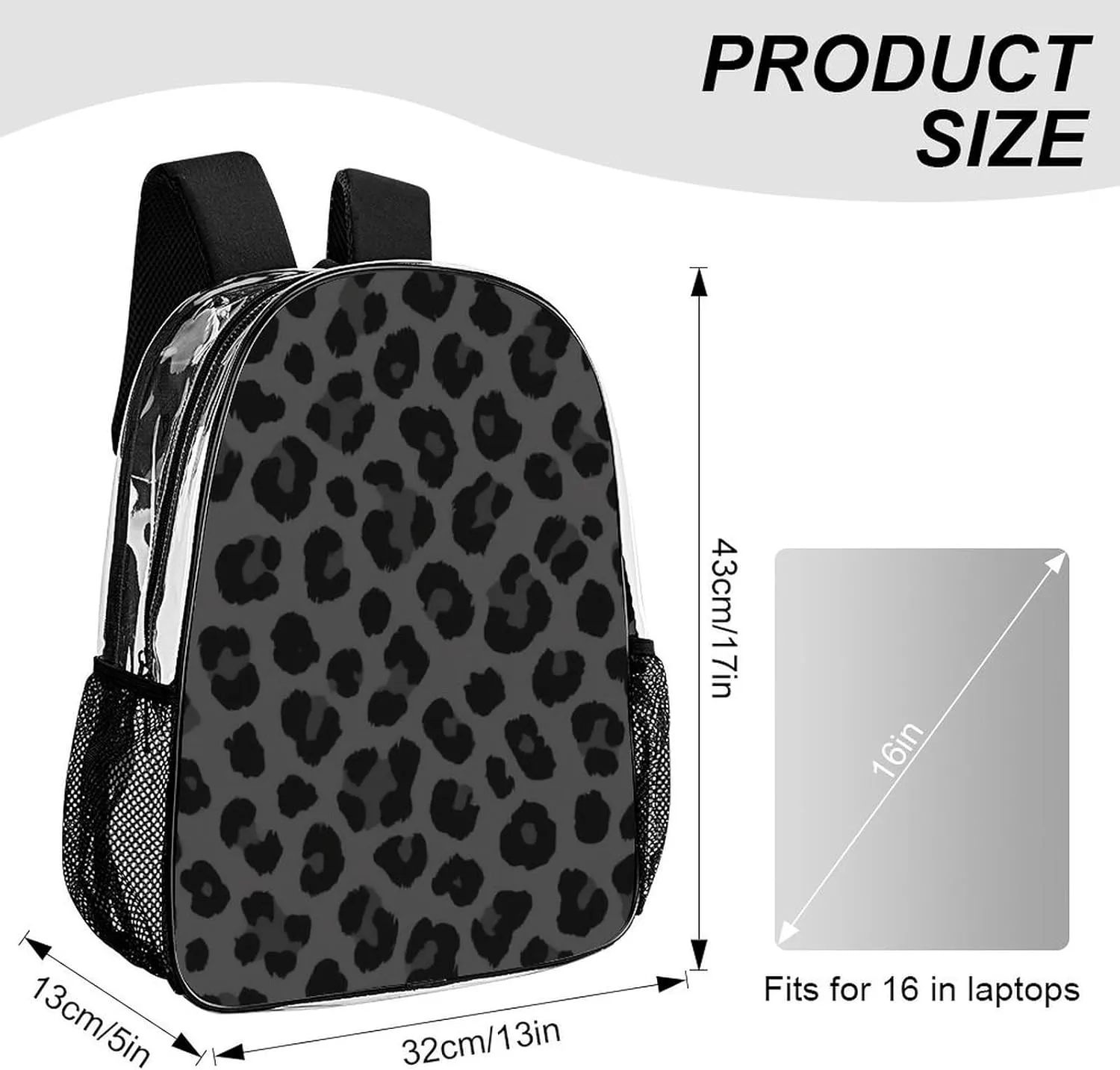 Supdreamc Transparent Daypack for Hiking Work Running - Big Capacity Anti-Theft Multipurpose Shoulder Bag, Dark Gray Black Leopard Cheetah Print Travel and Sport Backpack Rucksack