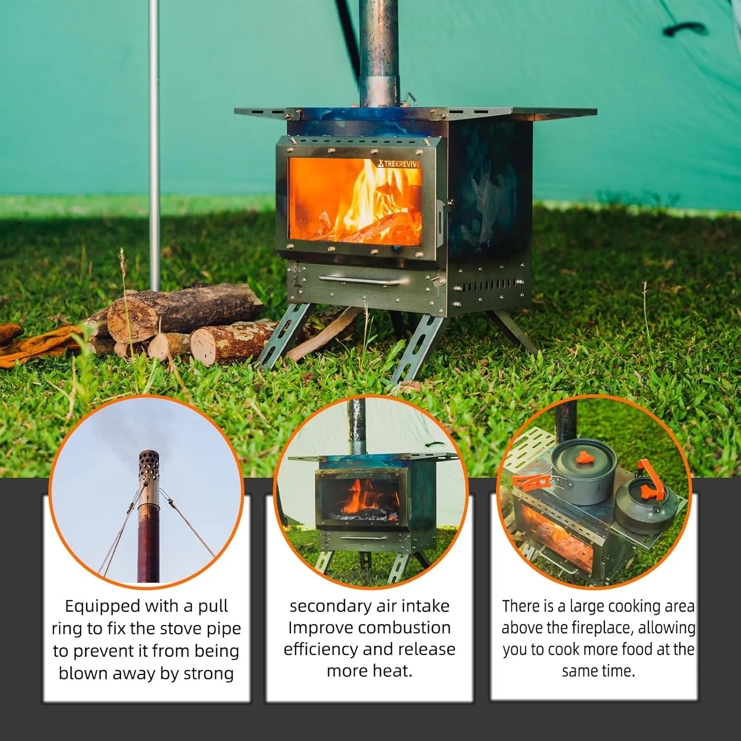 Sweety Portable Tent Fireplace with Stainless Steel Chimney, Titanium Tent Wood Stove with Side Table, Secondary Intake, for Hot Tent Camping, Large Tent Heating, Cooking