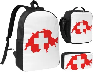 Swiss Flag Map print Backpack 3pcs Set Including 17 Inch Large BookBag With Lunch Bag And Practical Pen Bag