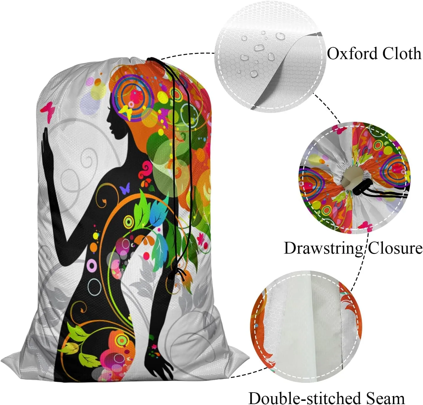 Swono Butterfly Girl Travel Laundry Bag, Modern Colorful Floral Design Machine Washable Dirty Clothes Organizer, Large Enough to Hold 4 Loads of Laundry, Easy Fit a Laundry Hamper or Basket