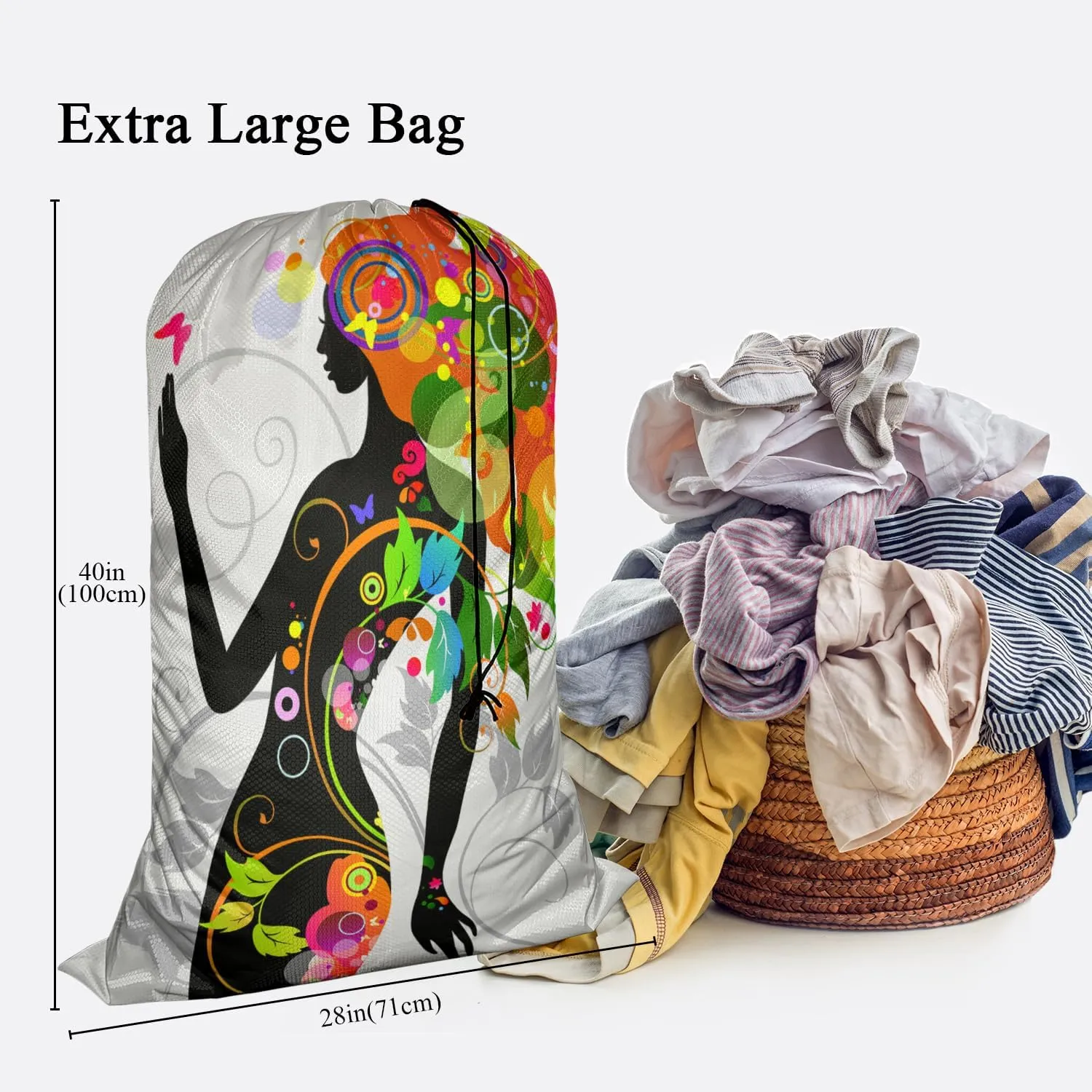 Swono Butterfly Girl Travel Laundry Bag, Modern Colorful Floral Design Machine Washable Dirty Clothes Organizer, Large Enough to Hold 4 Loads of Laundry, Easy Fit a Laundry Hamper or Basket