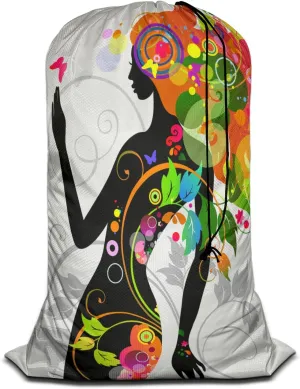 Swono Butterfly Girl Travel Laundry Bag, Modern Colorful Floral Design Machine Washable Dirty Clothes Organizer, Large Enough to Hold 4 Loads of Laundry, Easy Fit a Laundry Hamper or Basket