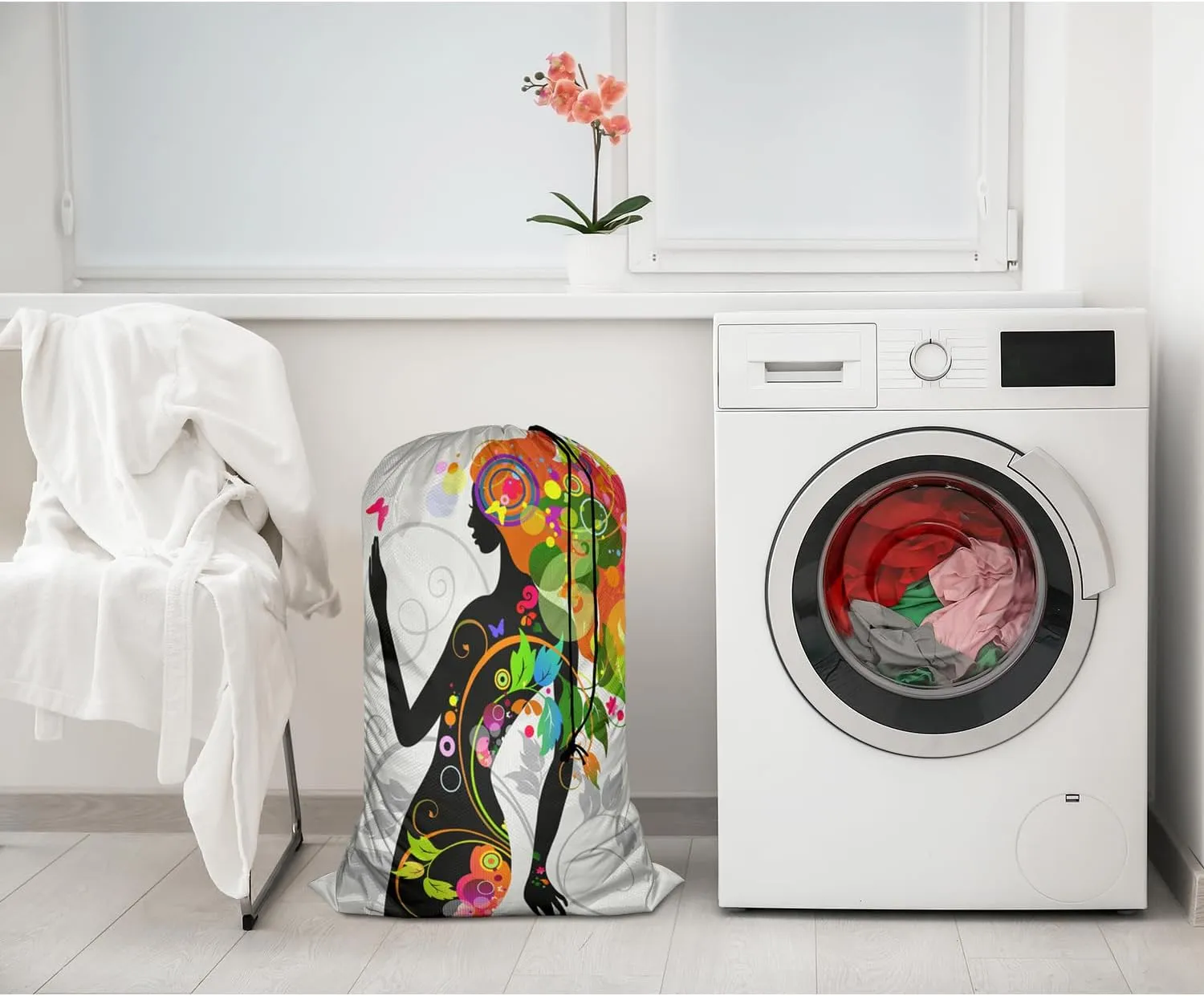 Swono Butterfly Girl Travel Laundry Bag, Modern Colorful Floral Design Machine Washable Dirty Clothes Organizer, Large Enough to Hold 4 Loads of Laundry, Easy Fit a Laundry Hamper or Basket