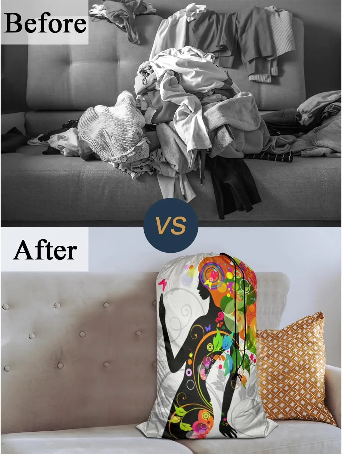 Swono Butterfly Girl Travel Laundry Bag, Modern Colorful Floral Design Machine Washable Dirty Clothes Organizer, Large Enough to Hold 4 Loads of Laundry, Easy Fit a Laundry Hamper or Basket