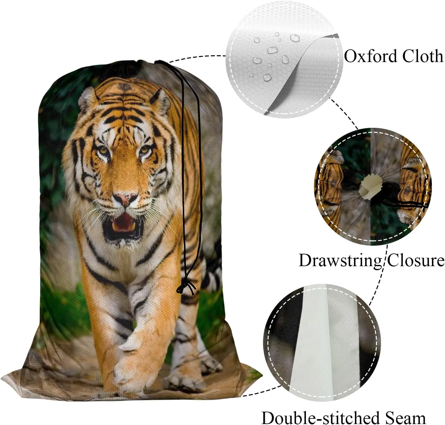 Swono Tiger Extra Heavy Duty Laundry Bag, Animal Portrait Jungle Mammal Feline Wildlife X-Large Dirty Clothes Drawstring Bag with Tear Resistant Fabric, Washable Laundry Liner for Hamper, Ideal for