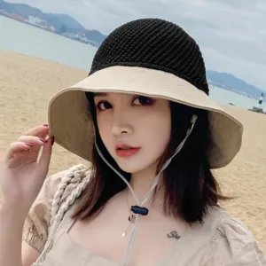 syeigh Sun Hat Woman Summer Hats with Visor Hollow Straw Hat Bow Design Sun Hat Travel Mesh Bucket Hat