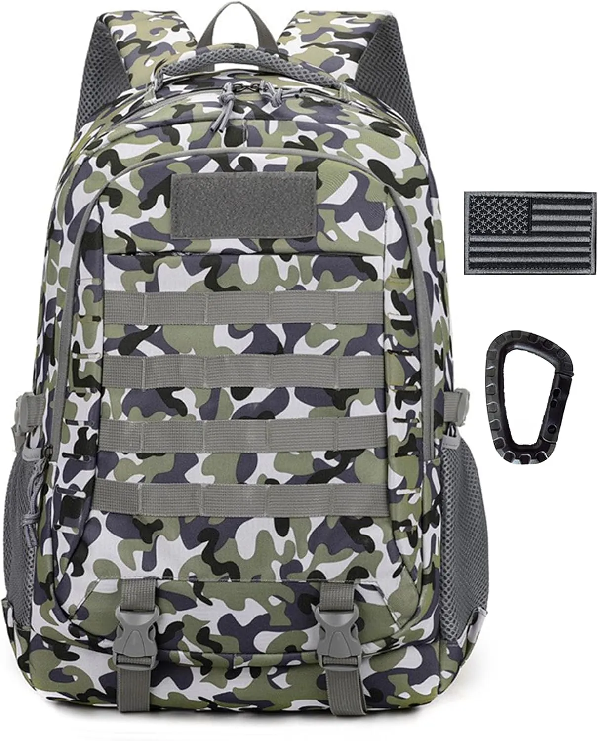 Tactical Backpack, 35L Military Backpacks Hiking Daypack for Men and Women Water-Resistant 3 Day Assault Bag Molle Army Pack with US Flag Patch and Carabiner (Camo)