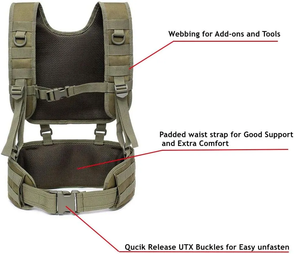 Tactical Padded Battle Belt with Detachable Suspender Straps for Patrol Army Training Outdoors Duty