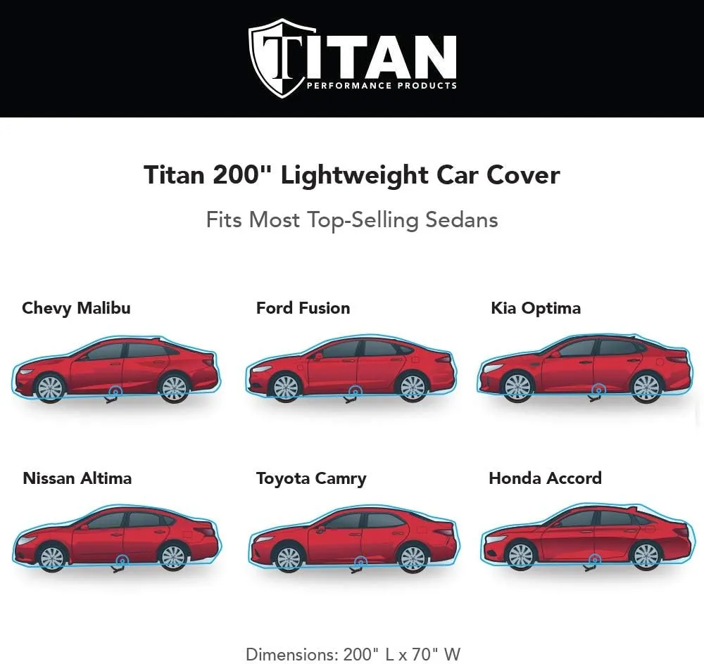 Titan Jet Black Poly 210T Car Cover for Sedans 186-202". Waterproof, UV Protection, Scratch Resistant, Driver-Side Zippered Opening. Fits Camry, Accord and More.