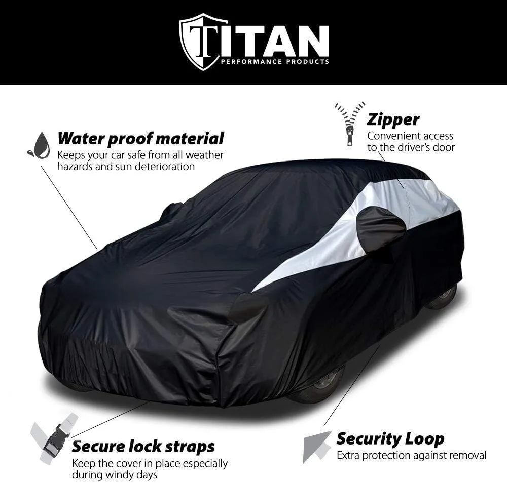 Titan Jet Black Poly 210T Car Cover for Sedans 186-202". Waterproof, UV Protection, Scratch Resistant, Driver-Side Zippered Opening. Fits Camry, Accord and More.