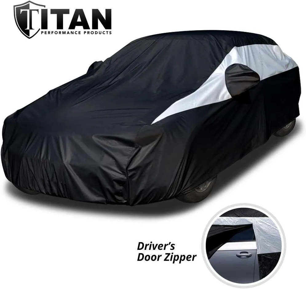 Titan Jet Black Poly 210T Car Cover for Sedans 186-202". Waterproof, UV Protection, Scratch Resistant, Driver-Side Zippered Opening. Fits Camry, Accord and More.