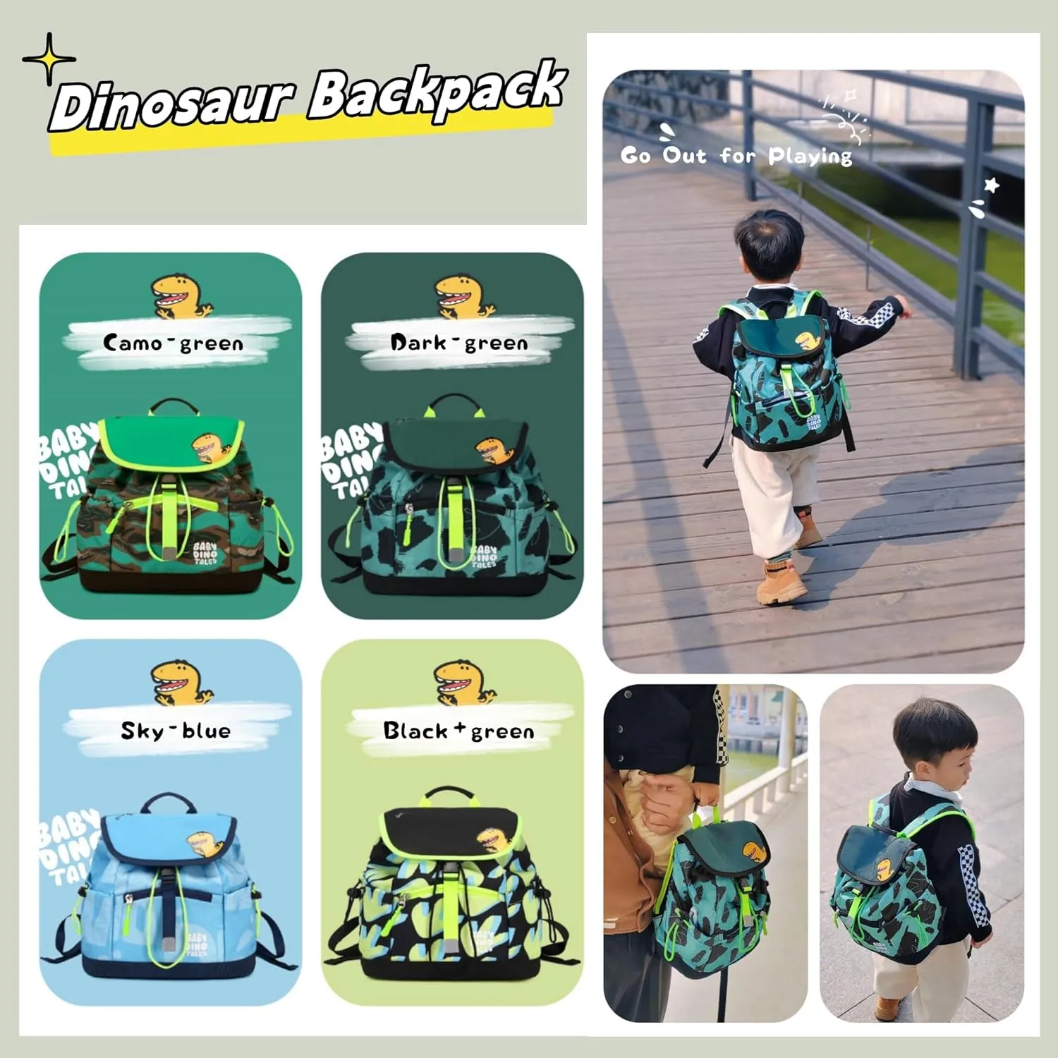 Toddler Kids Backpack for Boys, Dinosaur Drawstring Preschool Backpack Outdoor Travel Daycare Bag, Dry-Wet Separated, Fit A4 Folder, Black green