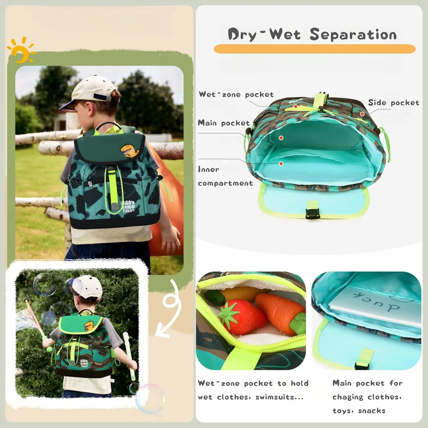 Toddler Kids Backpack for Boys, Dinosaur Drawstring Preschool Backpack Outdoor Travel Daycare Bag, Dry-Wet Separated, Fit A4 Folder, Black green