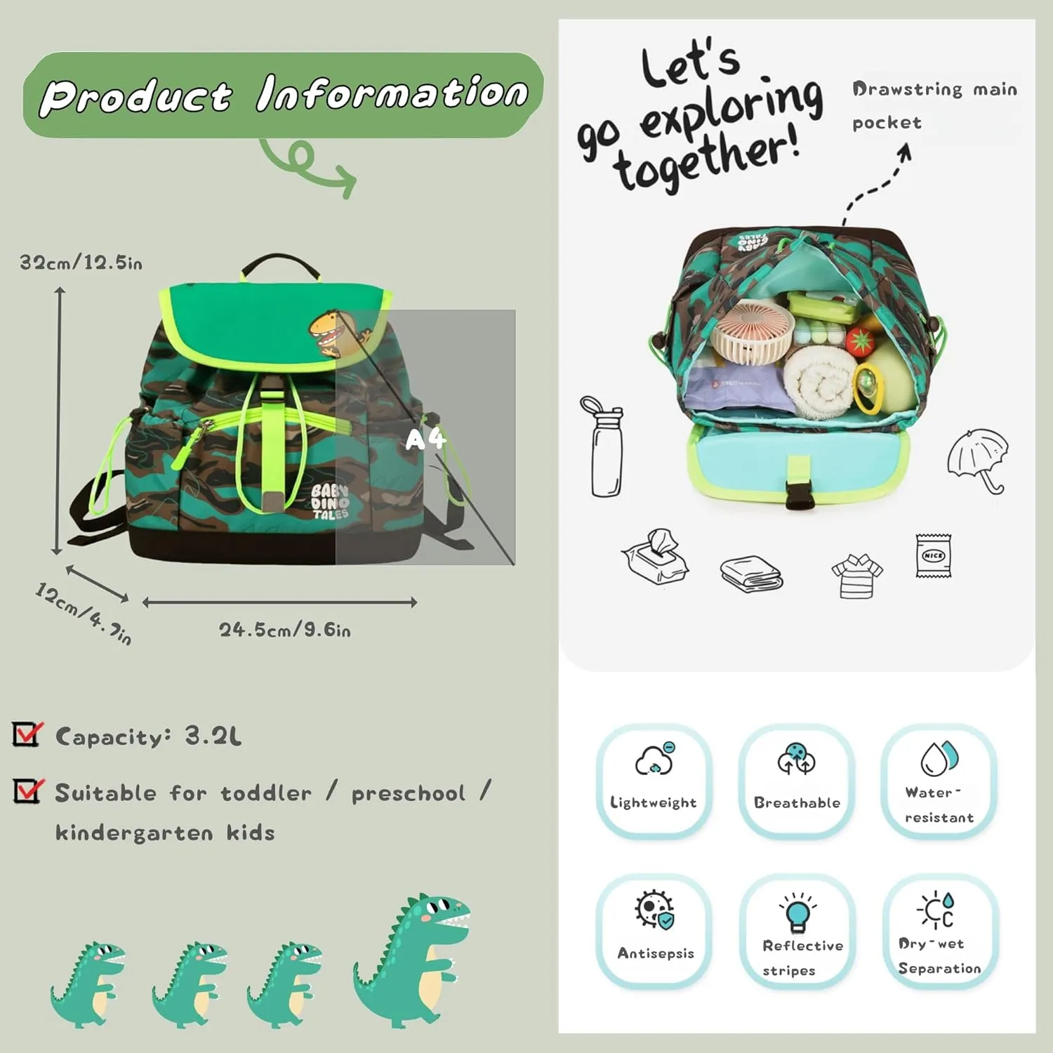 Toddler Kids Backpack for Boys, Dinosaur Drawstring Preschool Backpack Outdoor Travel Daycare Bag, Dry-Wet Separated, Fit A4 Folder, Black green