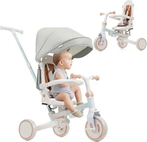 Toddler Tricycle, 7 in 1 Folding Kids Trike for 1-6 Years Old Boys and Girls Gift, Balance Bike with Removable Pedal, Canopy, and Guardrail, Adjustable Push Handle and Seat Height (Blue)