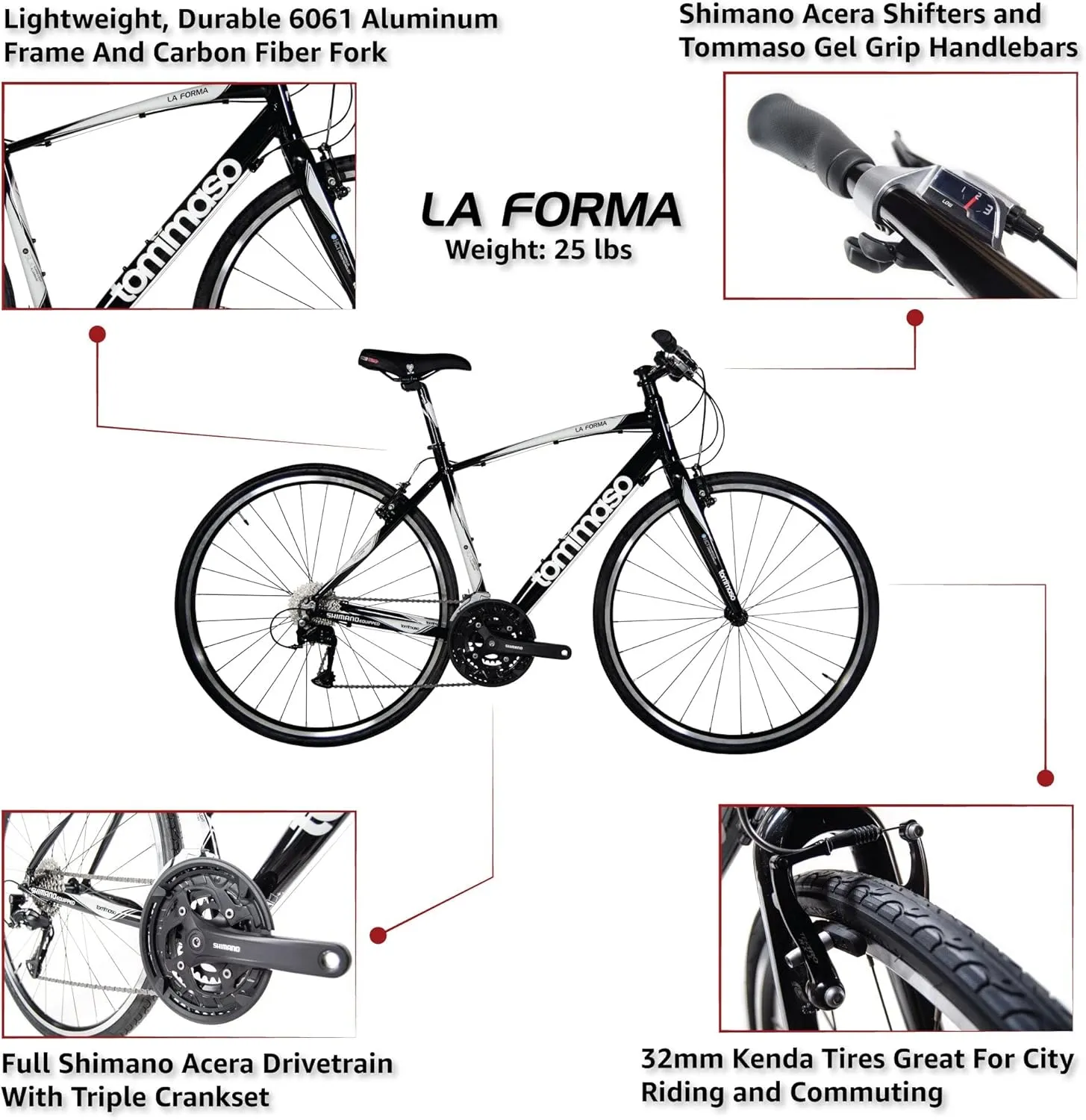 Tommaso La Forma Aluminum & Carbon Mens Hybrid Bike Women Road Bicycle Adult Bikes Womens