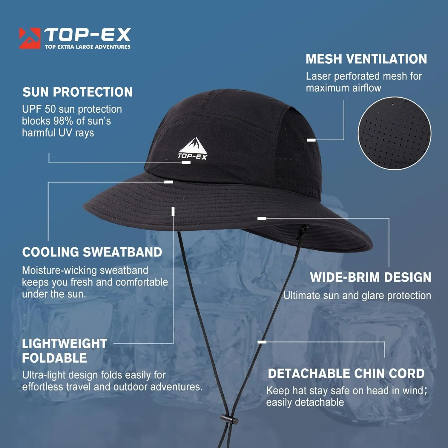 TOP-EX Breathable Oversized XL XXL Waterproof UPF50  UV Protection Packable Fishing Sun Hats for Men Chin Strap
