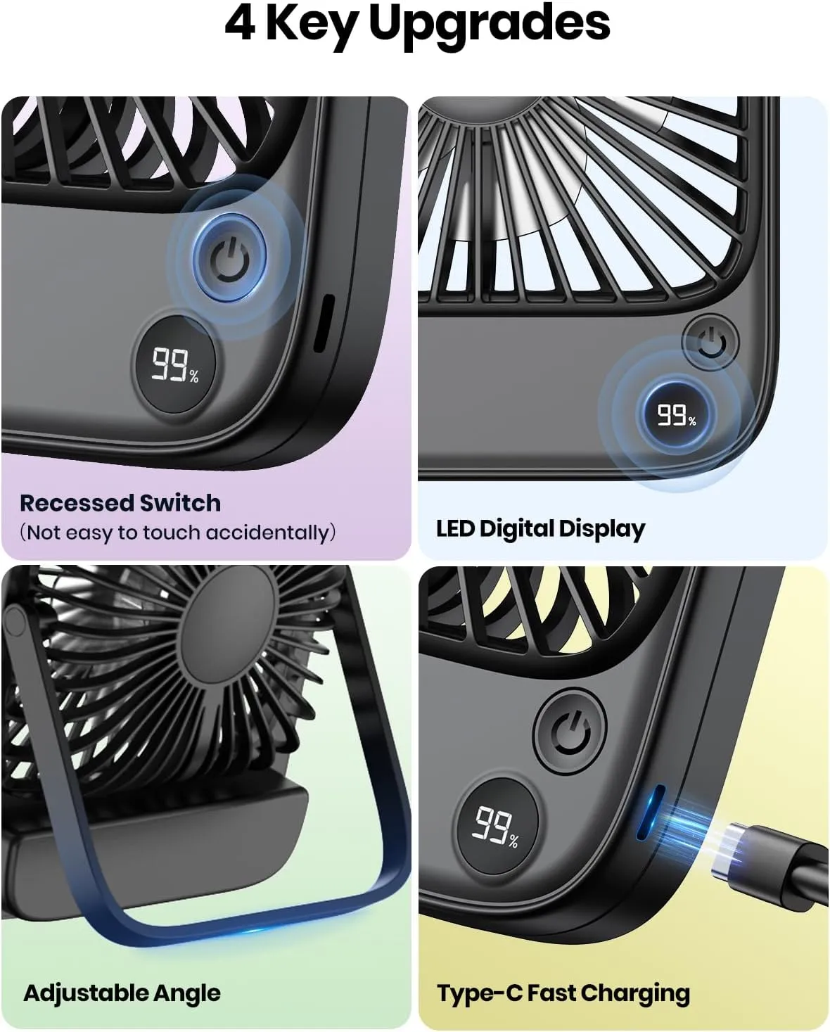 TOPK 2 Pack 5000mAh Portable Desk Fan, Ultra-thin Strong Wind Digital Display 4 Speeds Adjustable Small Quiet Battery Powered Personal Travel Fan for Bedroom, Office, Cruise, Library, Outdoor