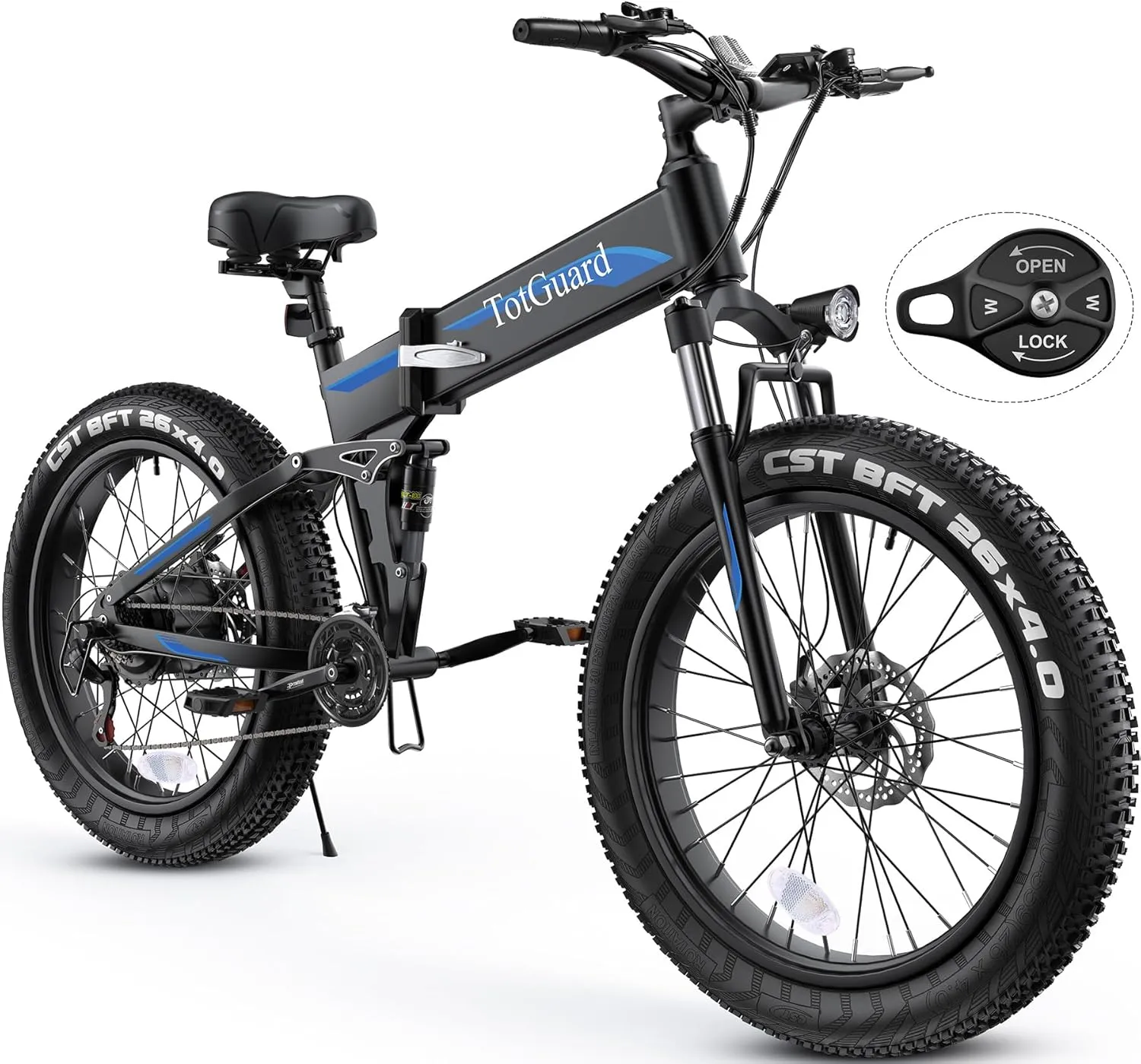 TotGuard Electric Bike, 26" x4.0 Fat Tire Electric Bike with 975W Peak Motor, 48V 10.4Ah Removable Battery, Foldable Ebike, 21.6MPH Electric Mountain Bike, Dual Shock Absorbers, 21 Speed