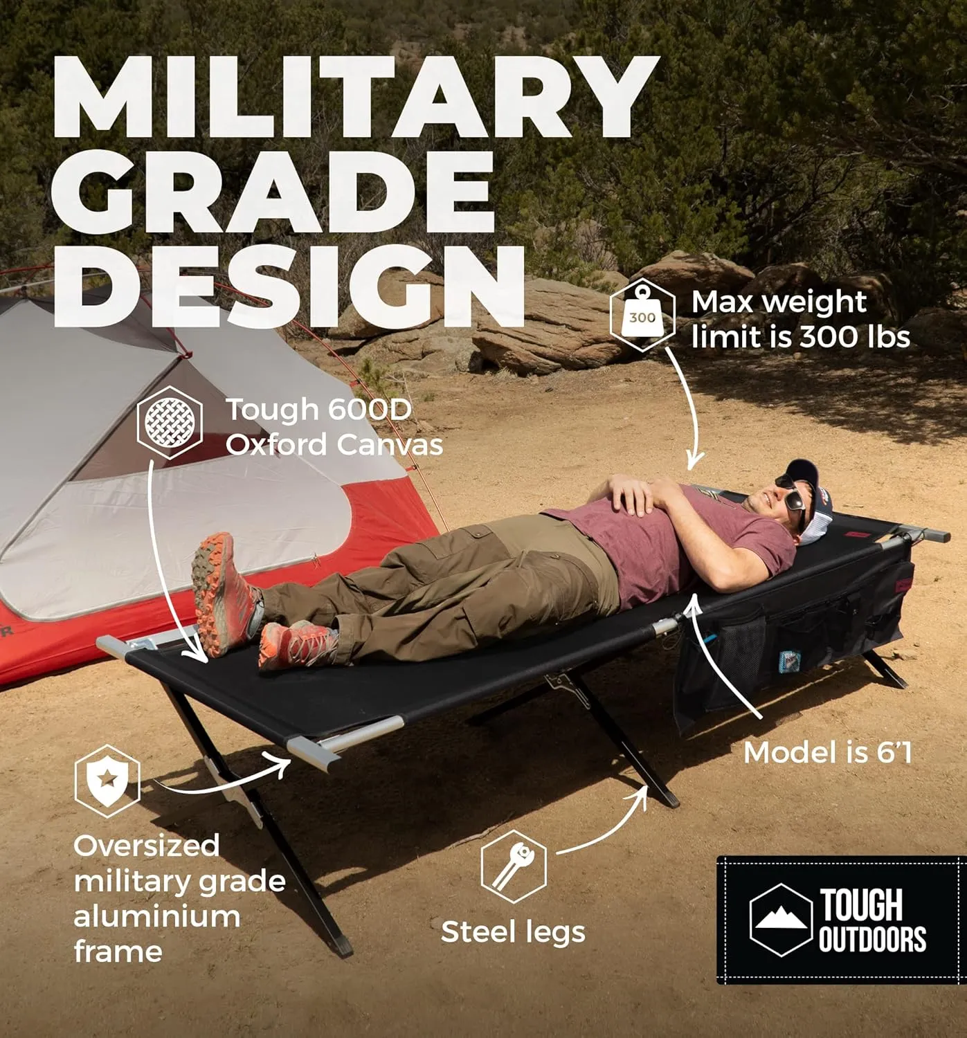 Tough Outdoors Camping Cot for Adults - Oversized Camping Cot - Durable Heavy Duty Military Bed - Elevated Foldable Cot & Camp Cots for Adults - XL Cot up to 300 lbs - w/Organizer & Storage Bag