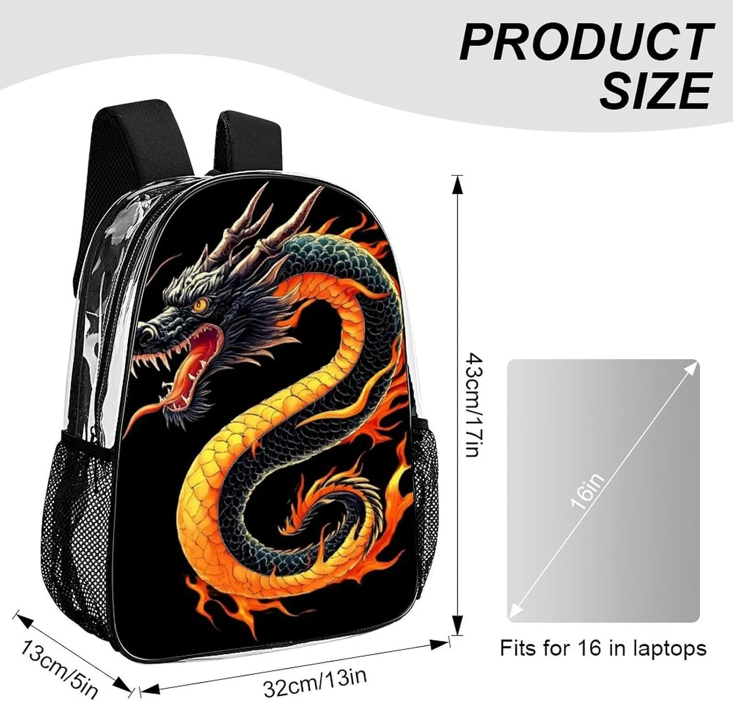 Transparent Daypack Backpack for Sports Travel Running - Big Capacity Anti-Theft Multipurpose Carry On Bag, Burning Flaming Fire Chinese Dragon Laptop Book Bag Rucksack