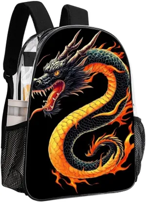 Transparent Daypack Backpack for Sports Travel Running - Big Capacity Anti-Theft Multipurpose Carry On Bag, Burning Flaming Fire Chinese Dragon Laptop Book Bag Rucksack