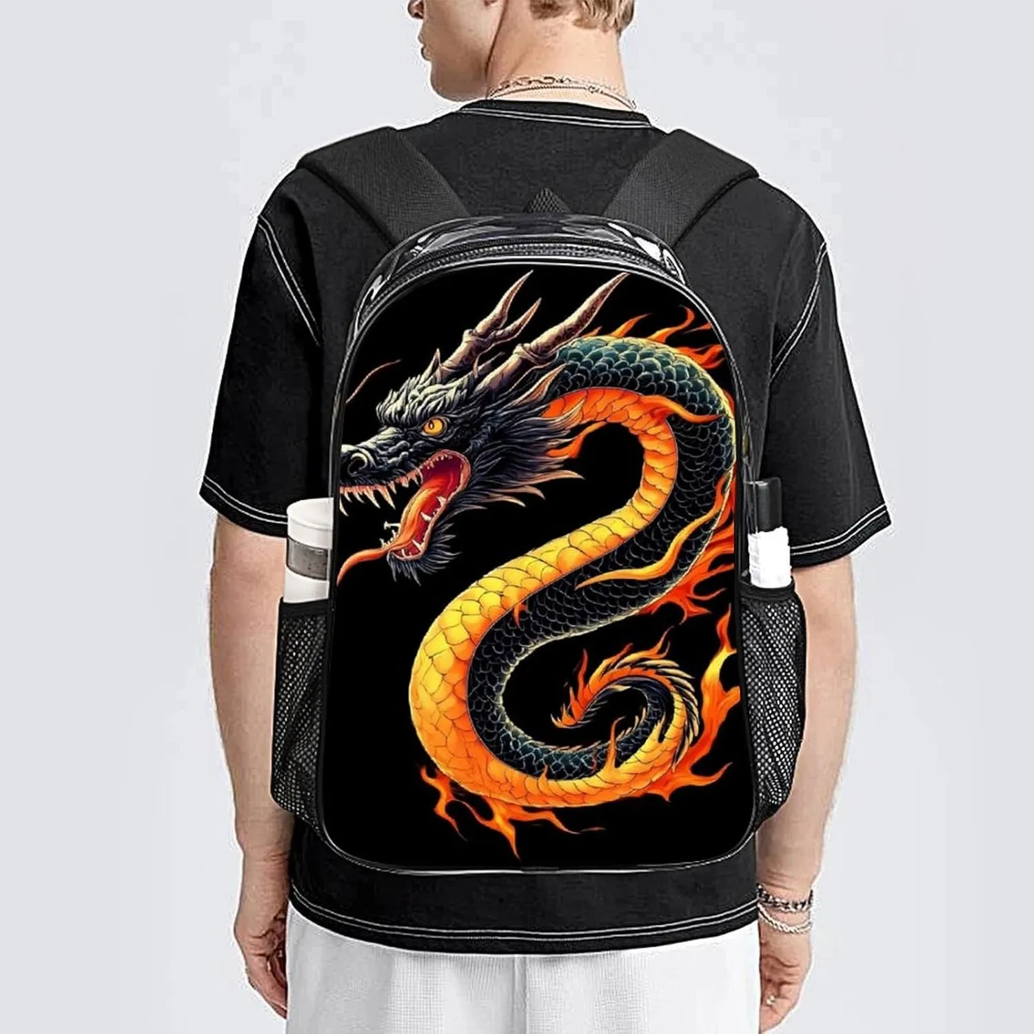 Transparent Daypack Backpack for Sports Travel Running - Big Capacity Anti-Theft Multipurpose Carry On Bag, Burning Flaming Fire Chinese Dragon Laptop Book Bag Rucksack