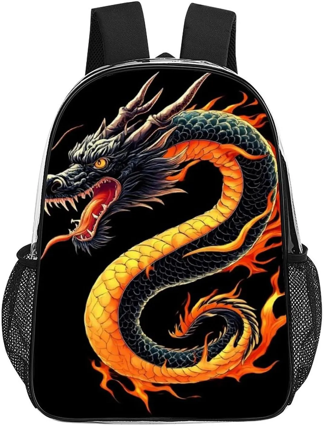 Transparent Daypack Backpack for Sports Travel Running - Big Capacity Anti-Theft Multipurpose Carry On Bag, Burning Flaming Fire Chinese Dragon Laptop Book Bag Rucksack