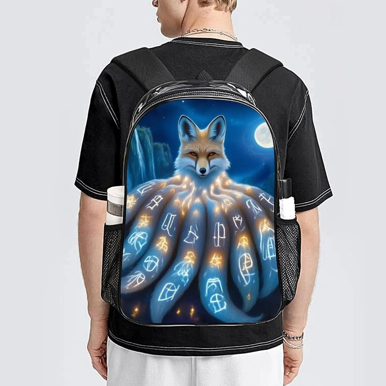 Transparent Daypack Backpack for Trekking Picnic Walking Cycling - Large Capacity Anti-Theft Multipurpose Shoulder Bag, Magical Nine Tailed Fox Art Casual Daypack