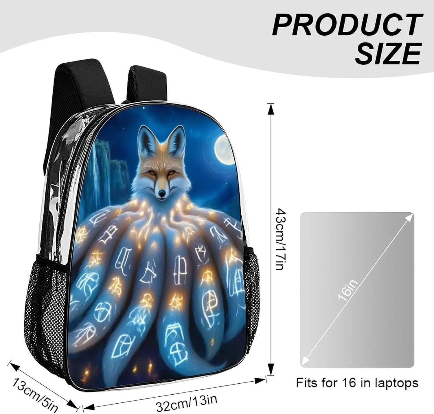 Transparent Daypack Backpack for Trekking Picnic Walking Cycling - Large Capacity Anti-Theft Multipurpose Shoulder Bag, Magical Nine Tailed Fox Art Casual Daypack