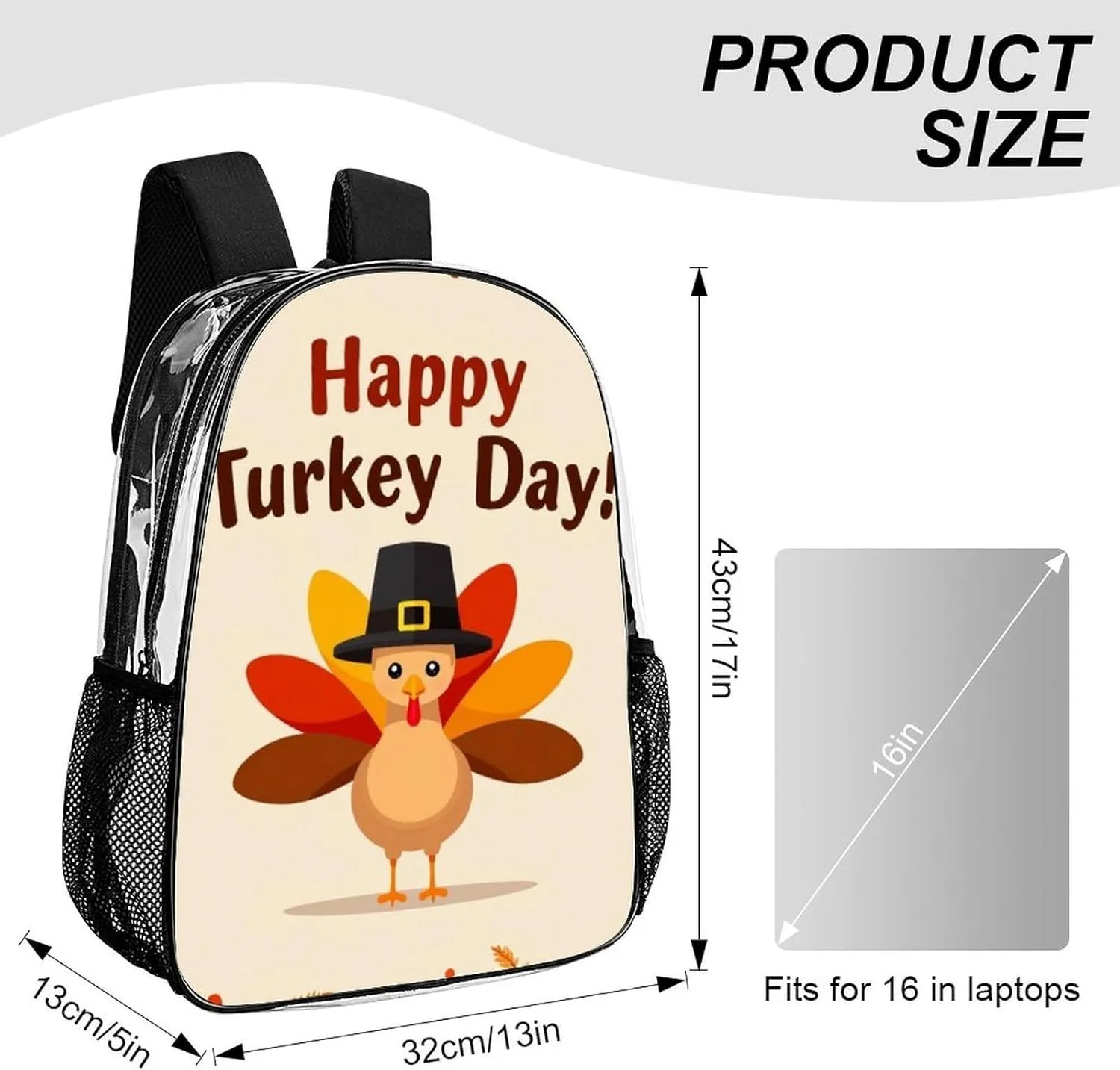 Transparent Daypack for Camping Travel Walking Cycling - Big Capacity Anti-Theft Multipurpose Bookbag, Cute Thanksgiving Turkey Camping Outdoor Backpack