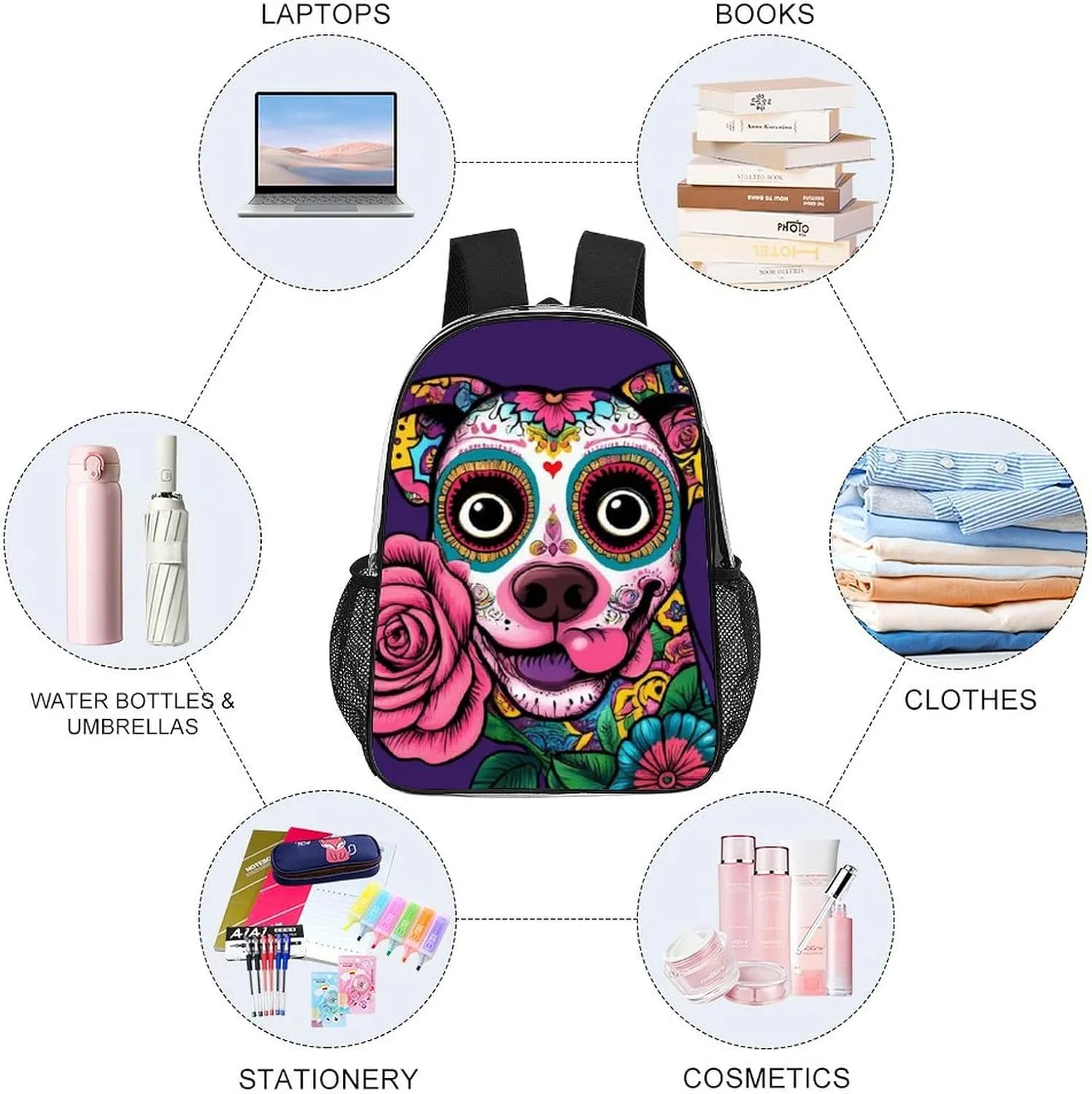 Transparent Daypack for Hiking Work Running - Big Capacity Anti-Theft Multipurpose Shoulder Bag, Day Of The Dead Pitbull Dog Art Travel and Sport Backpack Rucksack