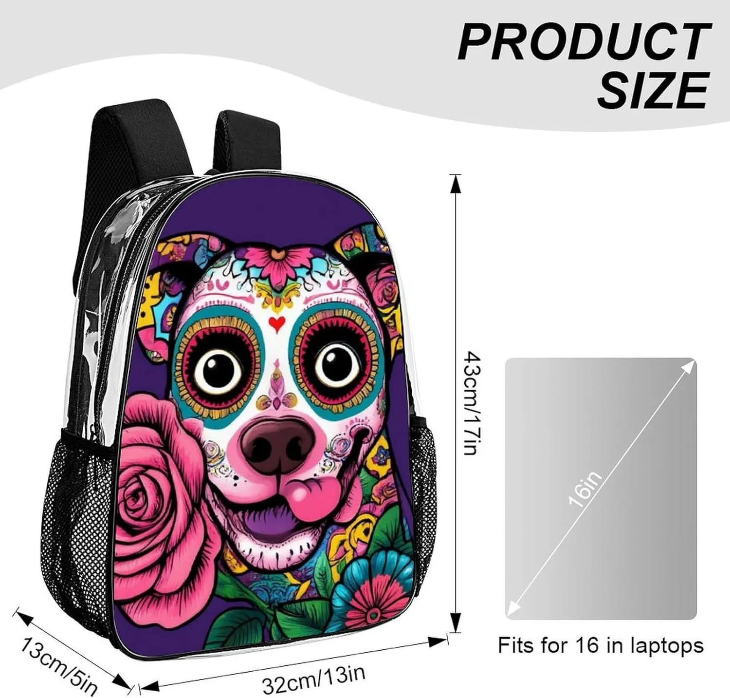 Transparent Daypack for Hiking Work Running - Big Capacity Anti-Theft Multipurpose Shoulder Bag, Day Of The Dead Pitbull Dog Art Travel and Sport Backpack Rucksack