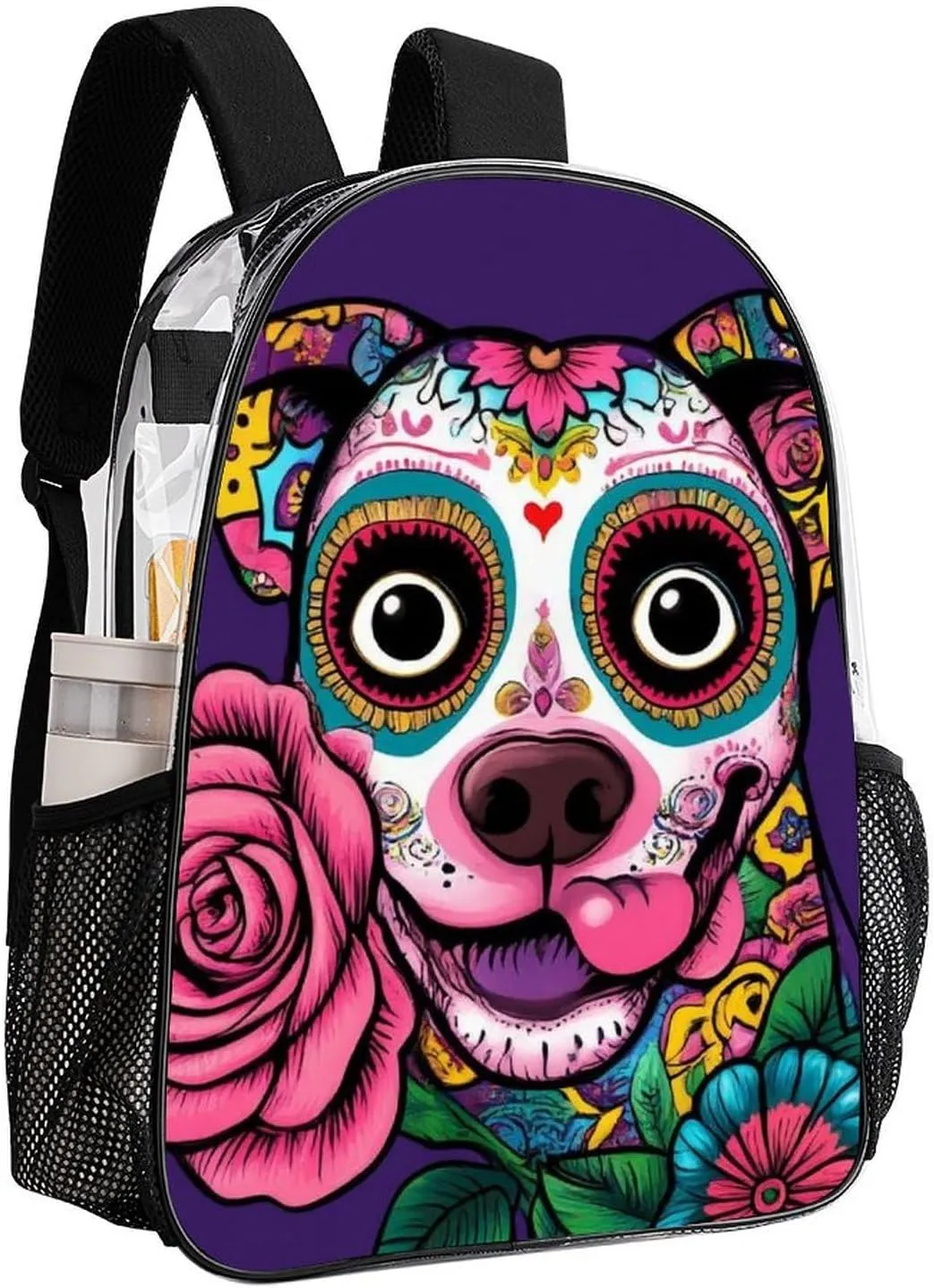 Transparent Daypack for Hiking Work Running - Big Capacity Anti-Theft Multipurpose Shoulder Bag, Day Of The Dead Pitbull Dog Art Travel and Sport Backpack Rucksack