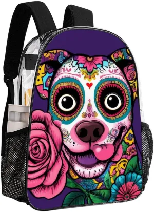 Transparent Daypack for Hiking Work Running - Big Capacity Anti-Theft Multipurpose Shoulder Bag, Day Of The Dead Pitbull Dog Art Travel and Sport Backpack Rucksack