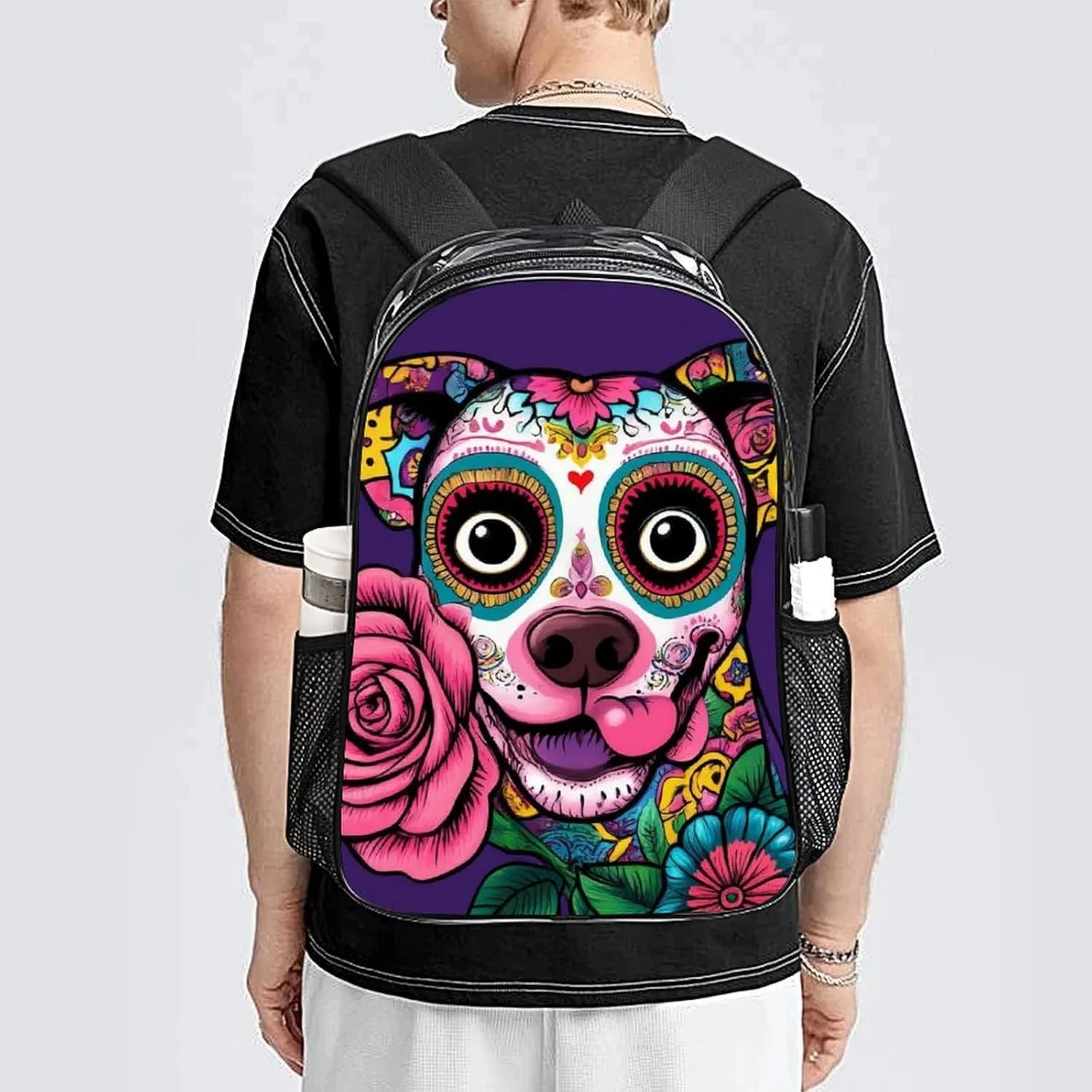 Transparent Daypack for Hiking Work Running - Big Capacity Anti-Theft Multipurpose Shoulder Bag, Day Of The Dead Pitbull Dog Art Travel and Sport Backpack Rucksack