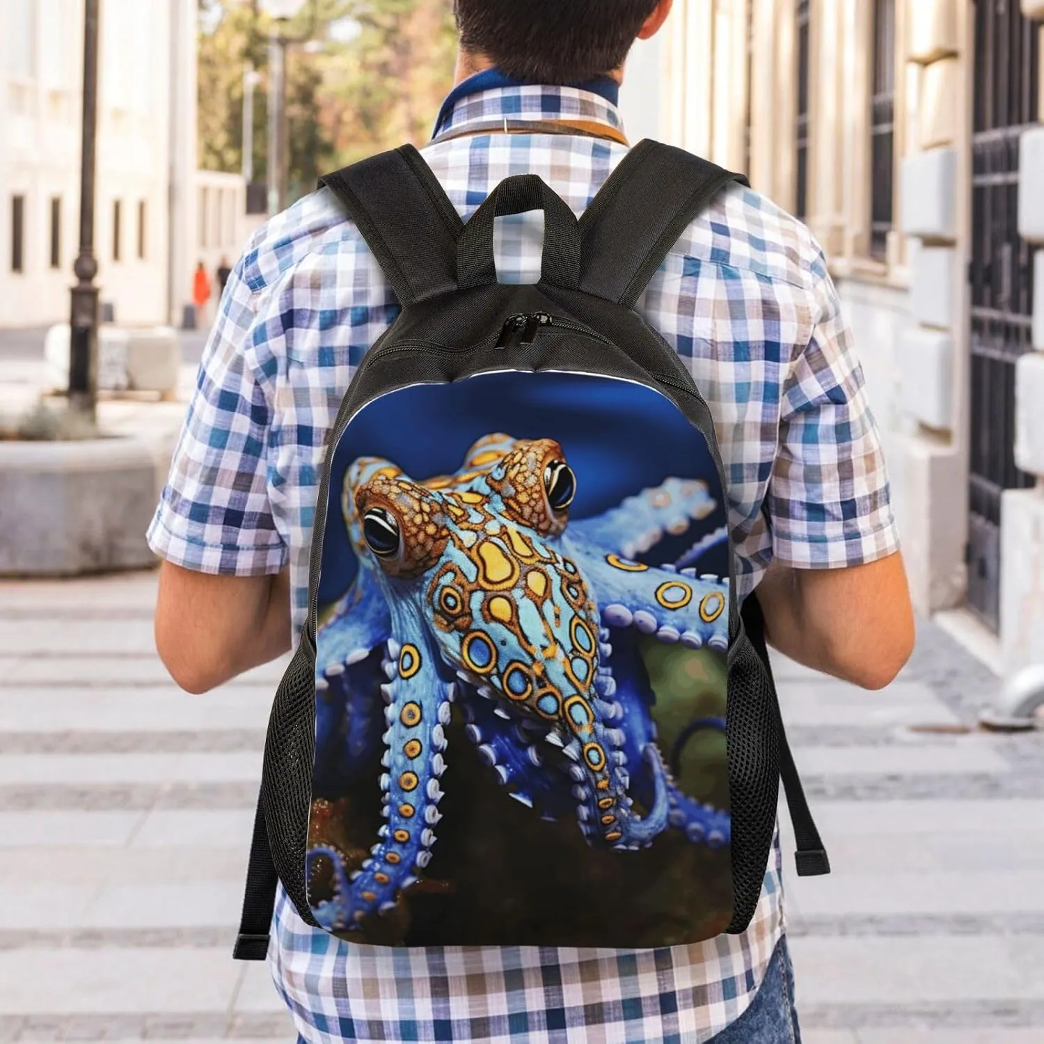Travel Backpack for Women Men Lightweight 17 inch Laptop Bag Blue Ringed Octopus Backpack Casual Daypack