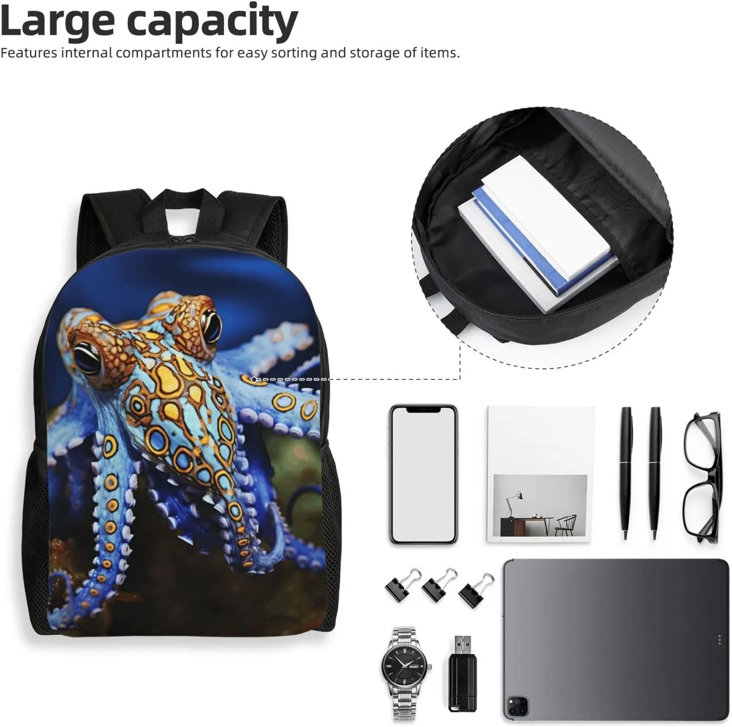 Travel Backpack for Women Men Lightweight 17 inch Laptop Bag Blue Ringed Octopus Backpack Casual Daypack