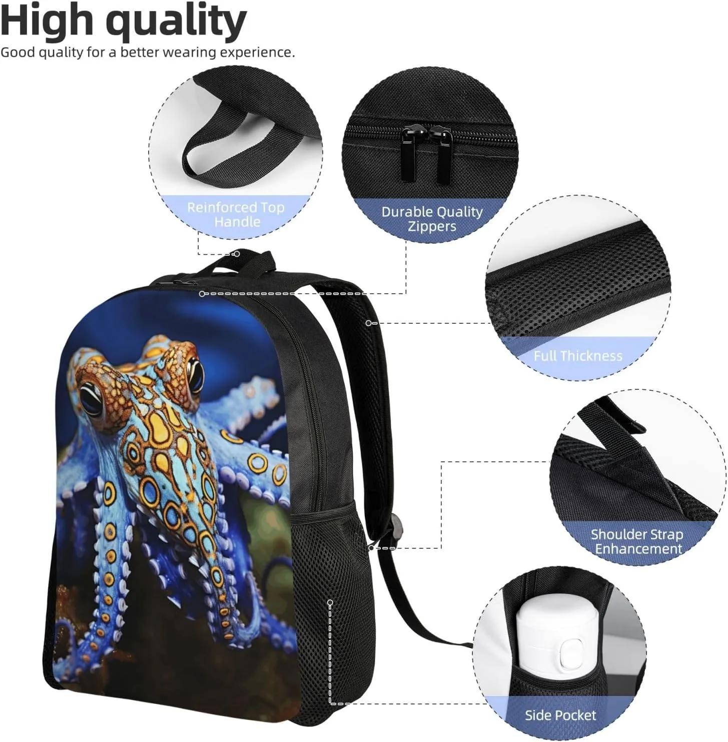 Travel Backpack for Women Men Lightweight 17 inch Laptop Bag Blue Ringed Octopus Backpack Casual Daypack