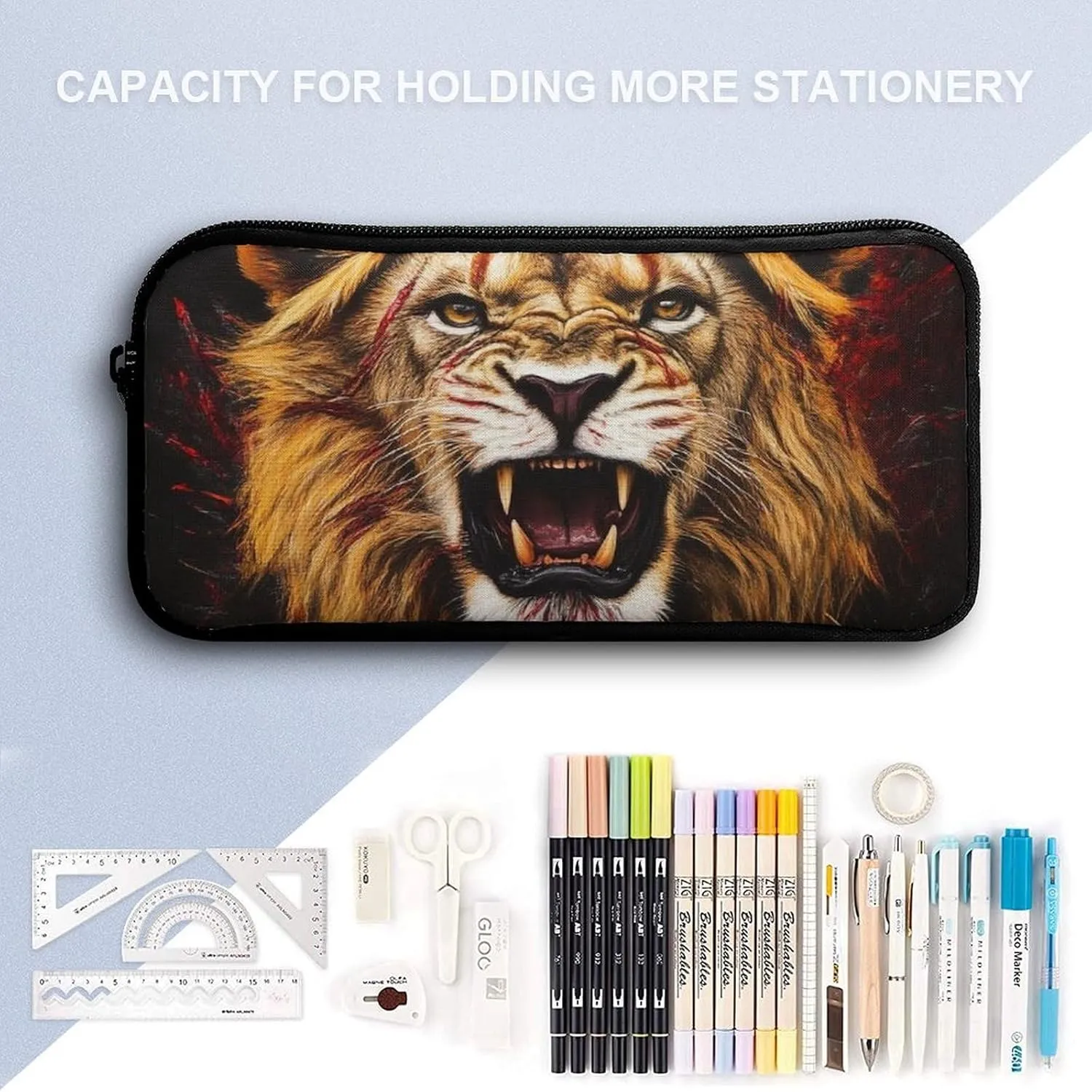 Travel Backpack Set, 17 Inch College Backpack with Thermal Lunch Bag Lion Blood Art Pencil Pouch Casual Bookbag Insulated Meal Bag
