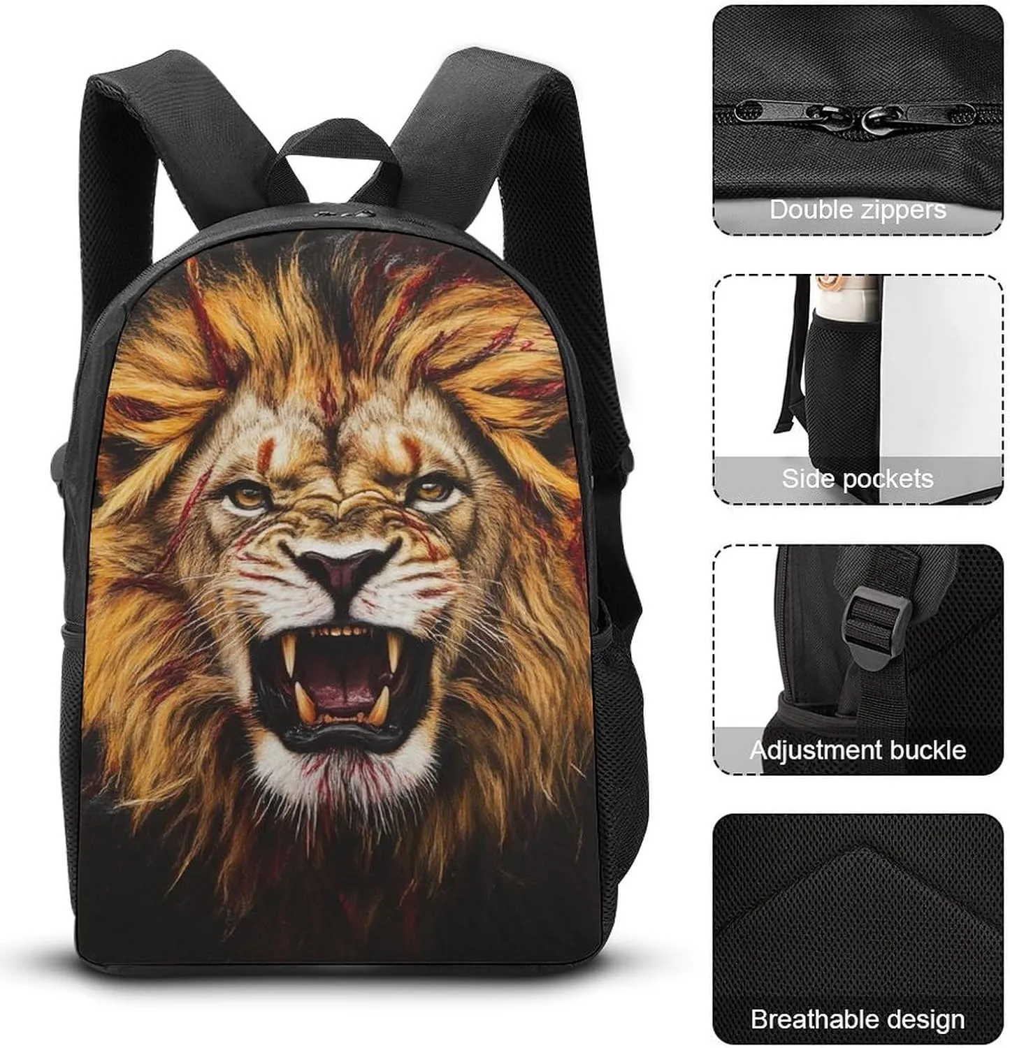 Travel Backpack Set, 17 Inch College Backpack with Thermal Lunch Bag Lion Blood Art Pencil Pouch Casual Bookbag Insulated Meal Bag